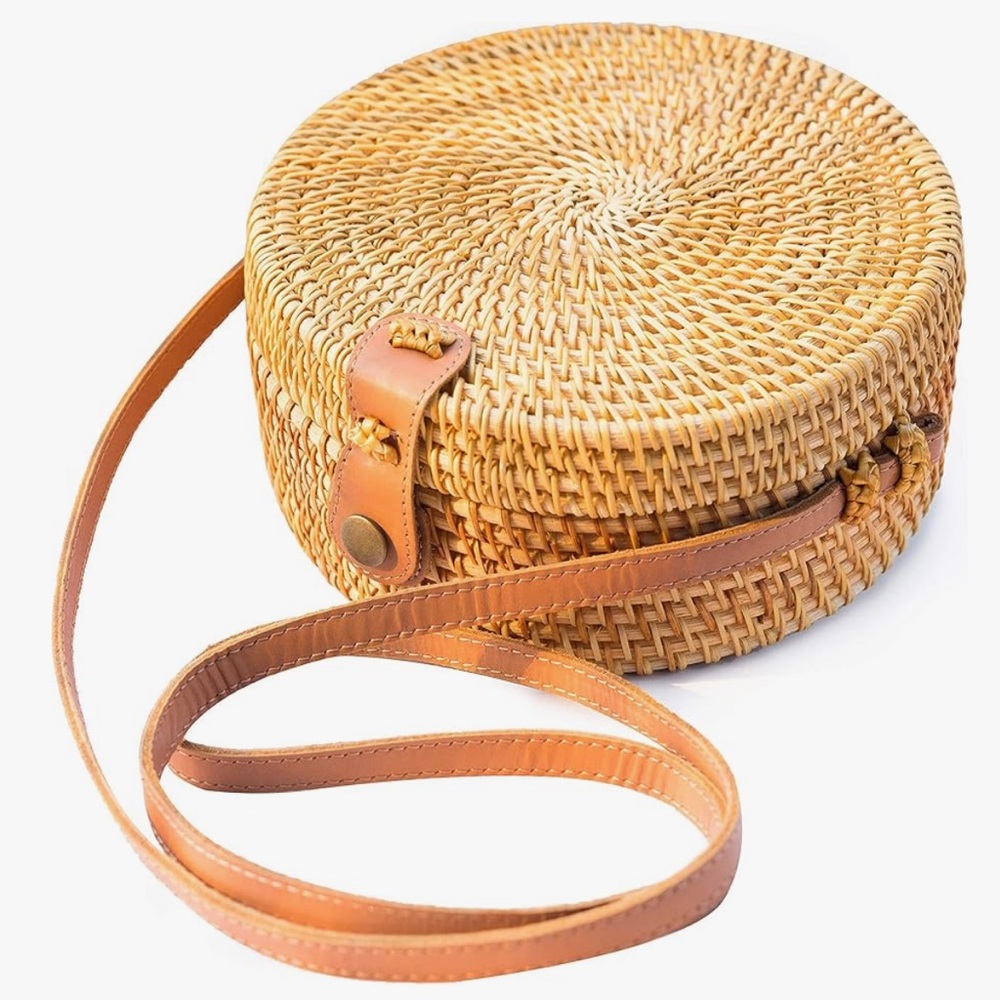 Round Woven Rattan Crossbody Bag